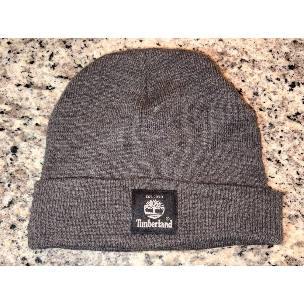 Timberland Mens Gray Knit Cuffed Beanie Hat Logo Patch T100354C